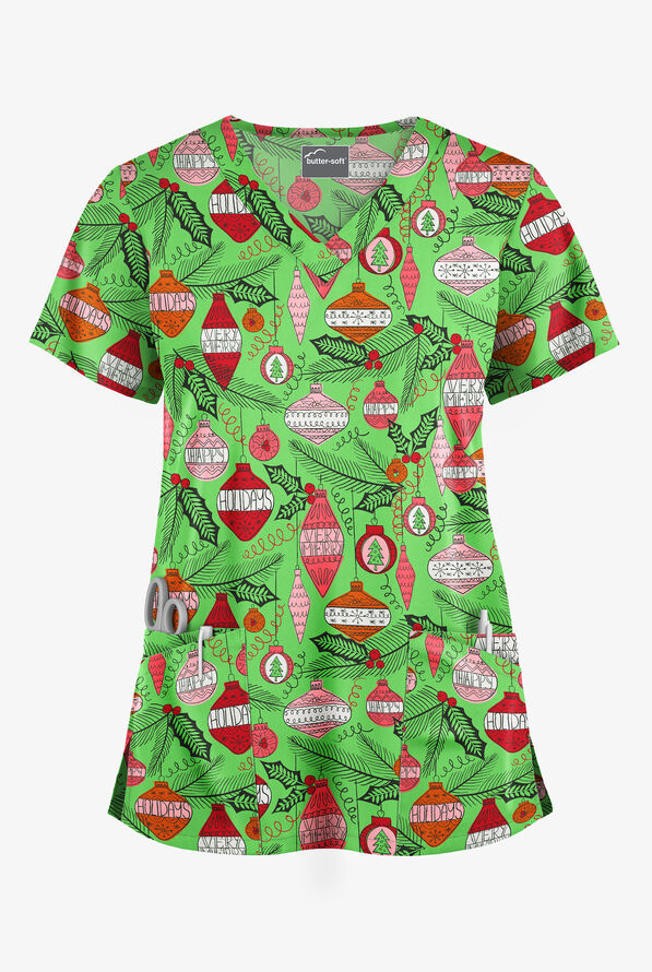 Blusa médica estampada Butter-Soft Christmas Baubles Grass Green con cuello en V redondeado y 4 bolsillos para mujer - null - 1