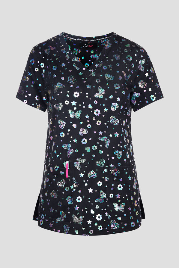 Blusa médica estampada koi Lite Iridescent Light Bright Black STRETCH con cuello en V y 2 bolsillos para mujer - null - 1