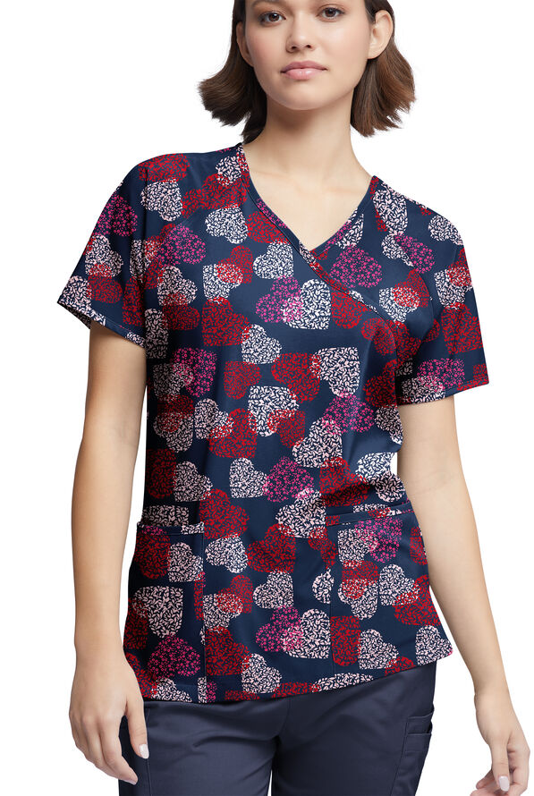 Happy Scrubs Power Of Love Navy Women's 3-Pocket Raglan Sleeve Mock Wrap Print Scrub Top - null - 2