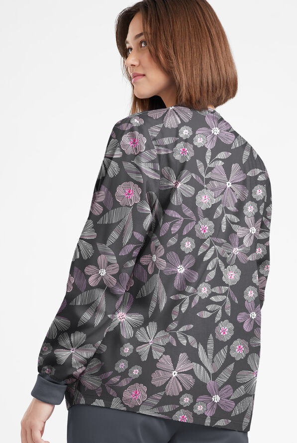 Butter-Soft Originals Linear Floral Pewter Women's 3-Pocket Warm-Up Print Scrub Jacket - null - 3