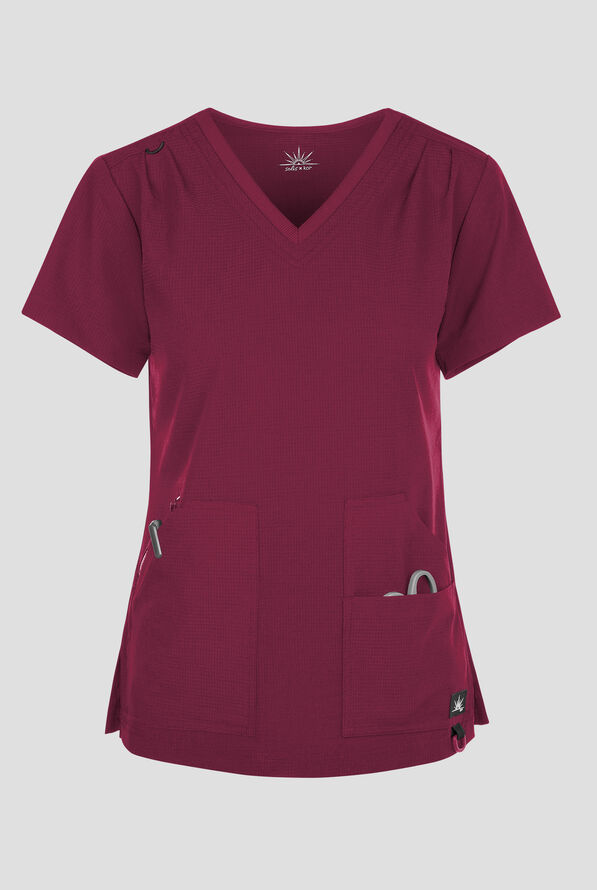 koi Solis Sari Women's 4-Pocket STRETCH V-Neck Scrub Top - Wine - 1