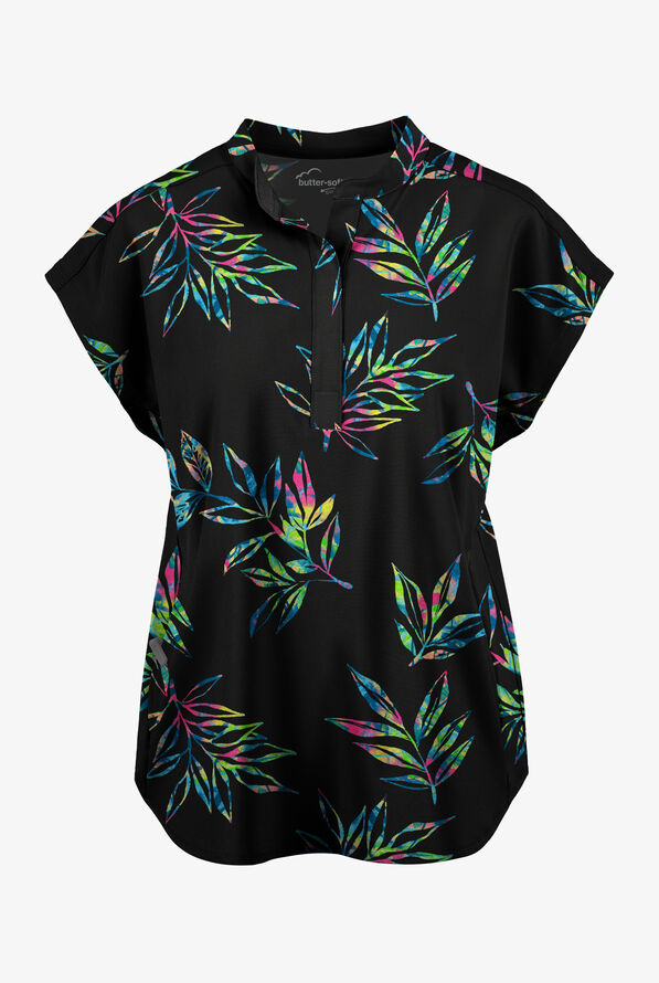 Butter-Soft STRETCH Night Garden Black Women's Dolman Print Scrub Top - null - 1