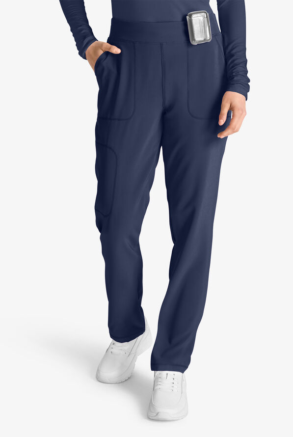 Cherokee Collection Women's 4-Pocket STRETCH Flat Front Rib-Knit Back Waist Cargo Scrub Pants - Navy - 1