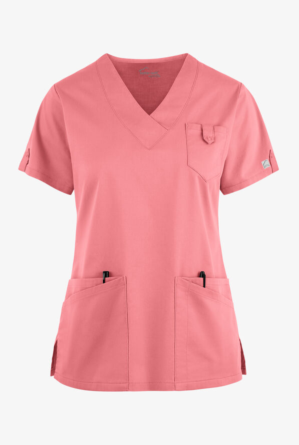 Butter-Soft STRETCH Women's 6-Pocket V-Neck Scrub Top - Guava Fizz - 1
