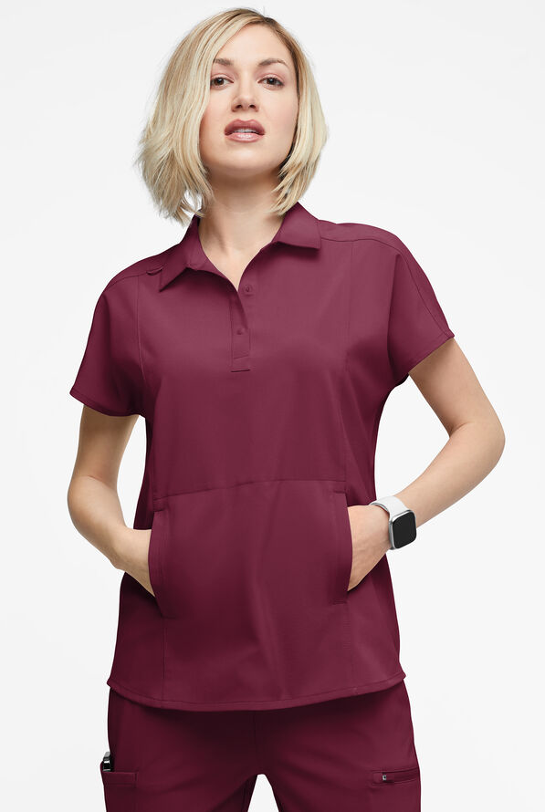 Easy STRETCH LEA Women's 3-Pocket Polo Collar Scrub Top - Wine - 2