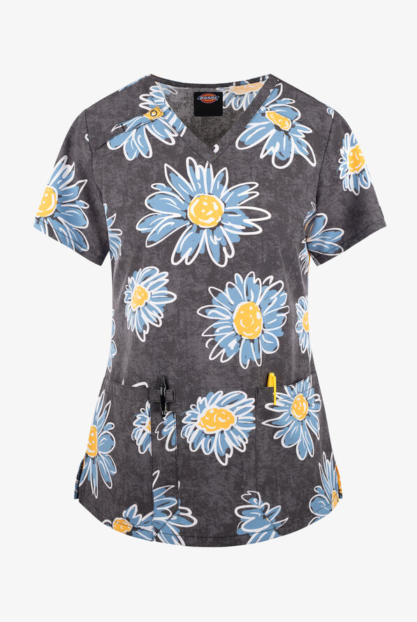 Dickies Sunflower Doodle Women's 2-Pocket STRETCH V-Neck Print Scrub Top - null - 1