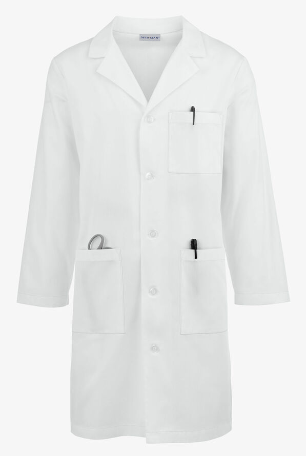 Med-Man Men's3-Pocket Back Belt Scrub Lab Coat - White - 1