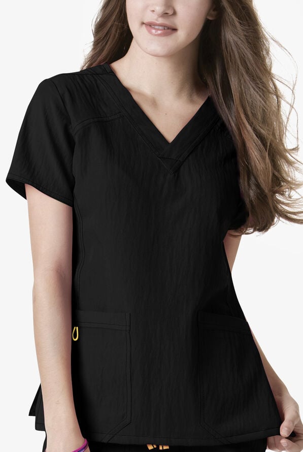 WonderWink Four-STRETCH Sporty Women's 3-Pocket V-Neck Scrub Top - Black - 1