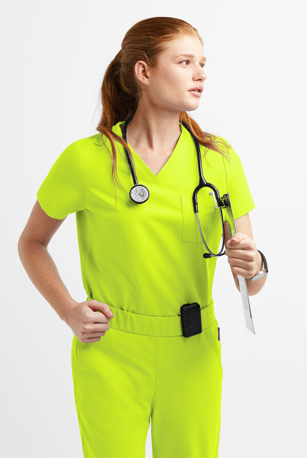 MOVEMENT by Butter-Soft Ceti Women's 1-Pocket V-Neck Tuck-In STRETCH Scrub Top - Intense Lime - 2