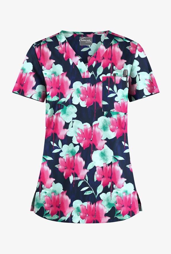 Butter-Soft STRETCH Valencia Ikat Navy Women's 1-Pocket V-Neck Print Scrub Top - null - 1