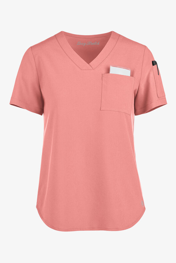 Easy STRETCH Chloe Women's 3-Pocket V-Neck Tuck-In Scrub Top - Autumn Coral - 1
