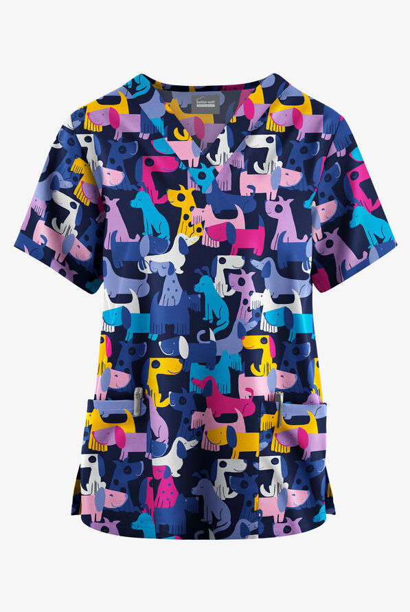 Blusa m&eacute;dica estampada Butter-Soft Originals Playful Paws Nawy con cuello en V y 2 bolsillos para mujer - null - 1