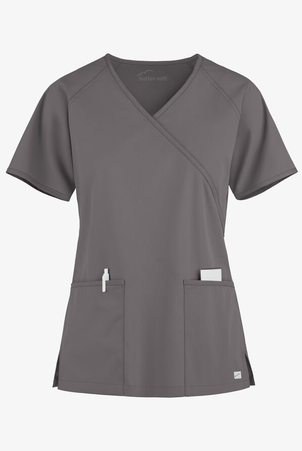 Blusa médica Butter-Soft Core by UA™ estilo cruzado con mangas raglán y 2 bolsillos para mujer - Grey Stone - 1