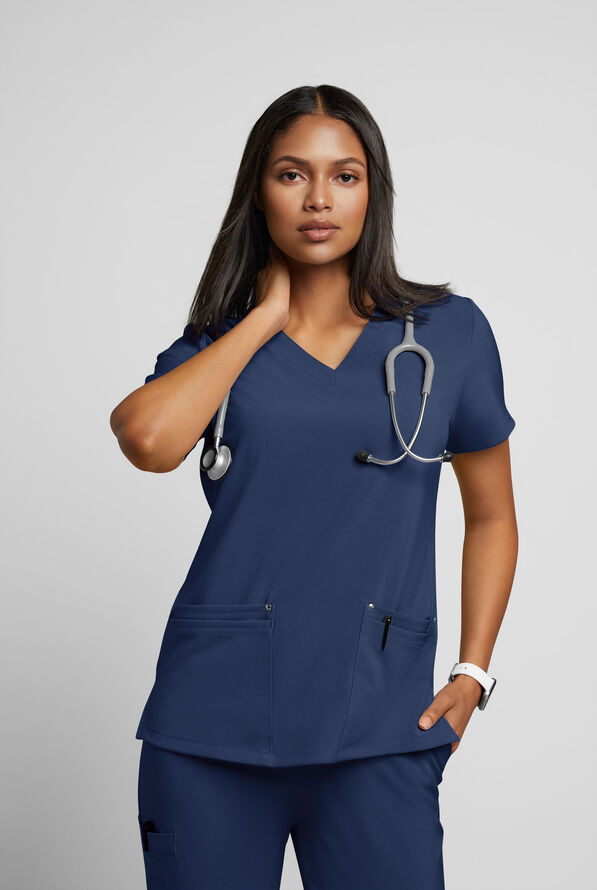 Easy STRETCH Lina Mitered Women's 4-Pocket V-Neck Scrub Top - Navy - 2
