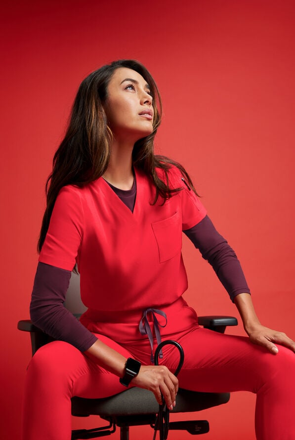 Easy STRETCH Chloe Women's 3-Pocket V-Neck Tuck-In Scrub Top - Electric Fuchsia - 7