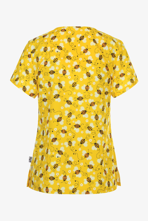 Zavate Ava Therese Buzzin Bees Women's 2-Pocket STRETCH V-Neck Print Scrub Top - null - 2