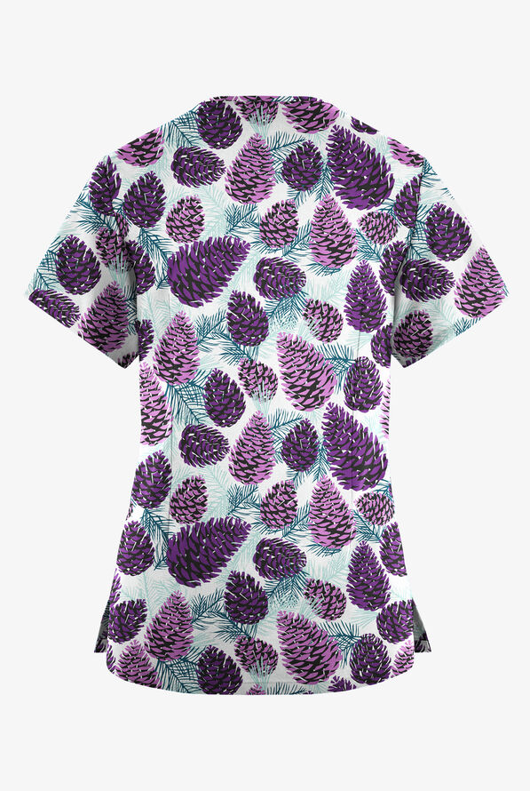  Butter-Soft Originals White Winter Pine Cones Women's 4-Pocket Rounded V-Neck Print Scrub Top - null - 2