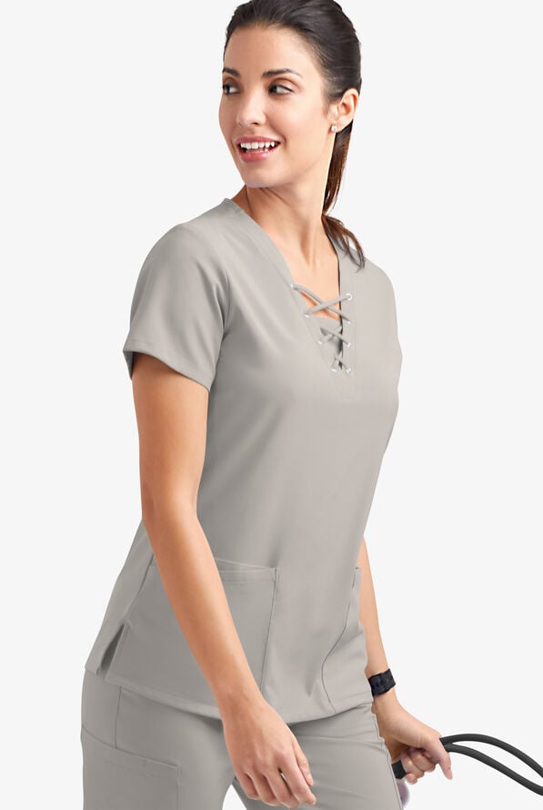 Easy STRETCH Gisele Women's 4-Pocket Lace Up V-Neck Scrub Top - Lunar Grey - 3