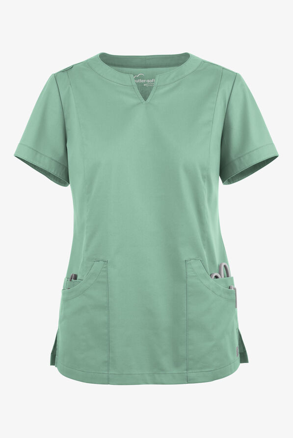 Butter-Soft STRETCH Women's 4-Pocket Notch Neck Scrub Top - Water Mint - 1