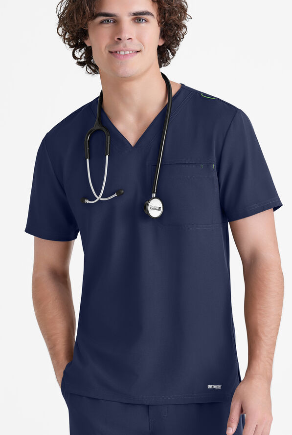 Grey's Anatomy by Barco Evolve STRETCH Journey Men's 1-Pocket Tuck In V-Neck Scrub Top - Indigo - 2