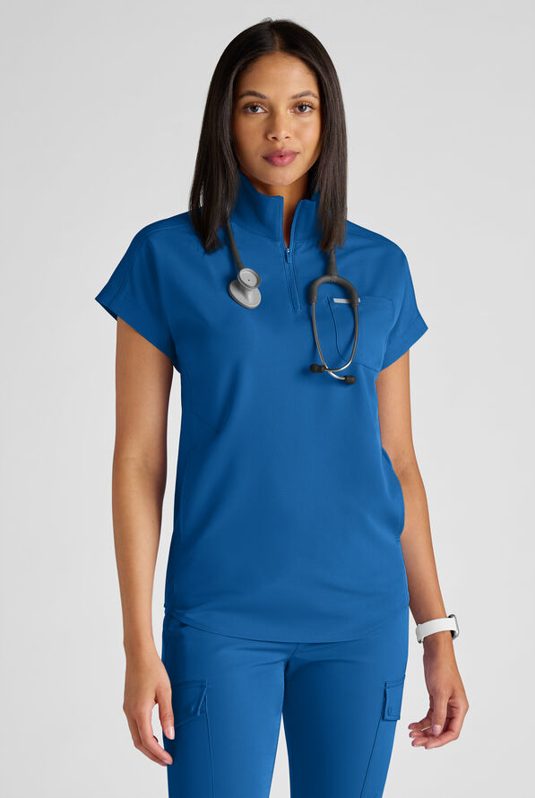 ReSurge Rhine Women's 5-Pocket Oversized Half Zip Stand Collar Scrub Top - Royal - 1
