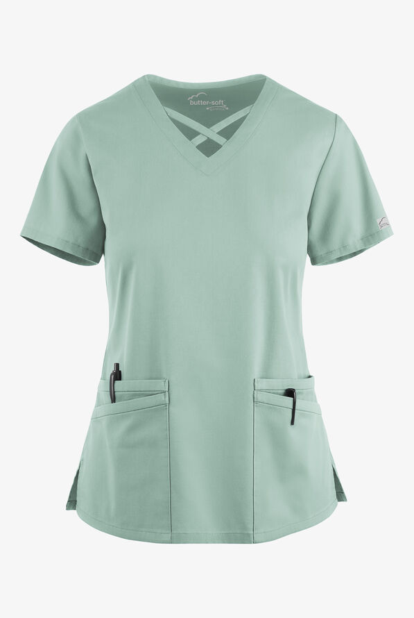 Butter-Soft STRETCH Women's 4-Pocket Crisscross Scrub Top - Eucalyptus Leaf - 1