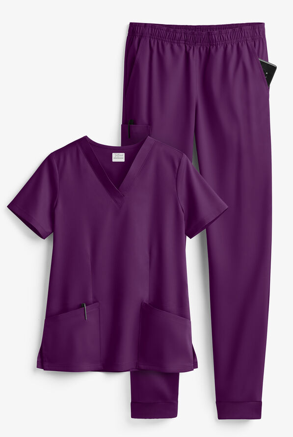 Tafford Active STRETCH Women's 5-Pocket Jogger Scrub Set - Eggplant - 1