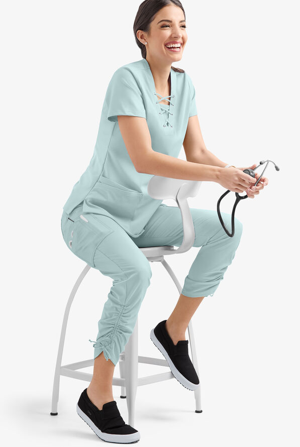 Easy STRETCH Halle Women's 11-Pocket Ruched Leg Jogger Scrub Pants - Ocean Mist - 4