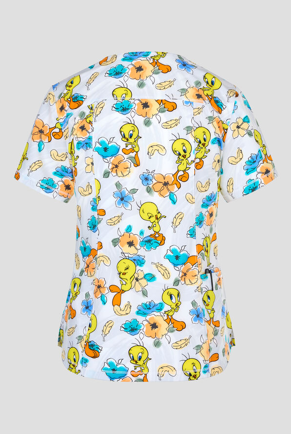 Tooniforms Looney Tunes Tweety Bird Dimension Women's 2-Pocket STRETCH V-Neck Print Scrub Top - null - 2