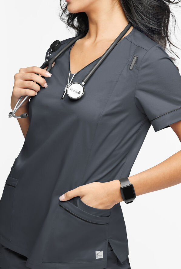 Butter-Soft STRETCH Women's 5-Pocket V-Neck with Front Zipper Scrub Top - Pewter/Black - 3
