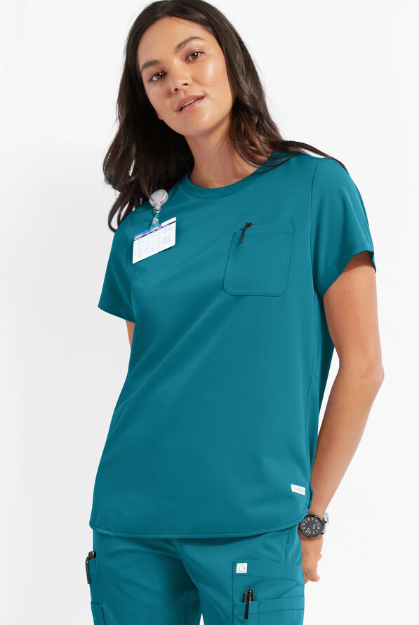 ReSurge Citrine Women's 1-Pocket Crew Neck Tuck In / Wear Out Scrub Top - Caribbean Blue - 2