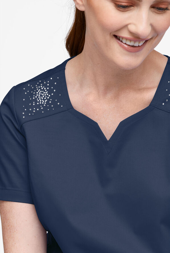 Butter-Soft STRETCH Women's 6-Pocket Crystal Bling Scrub Top - Navy - 4