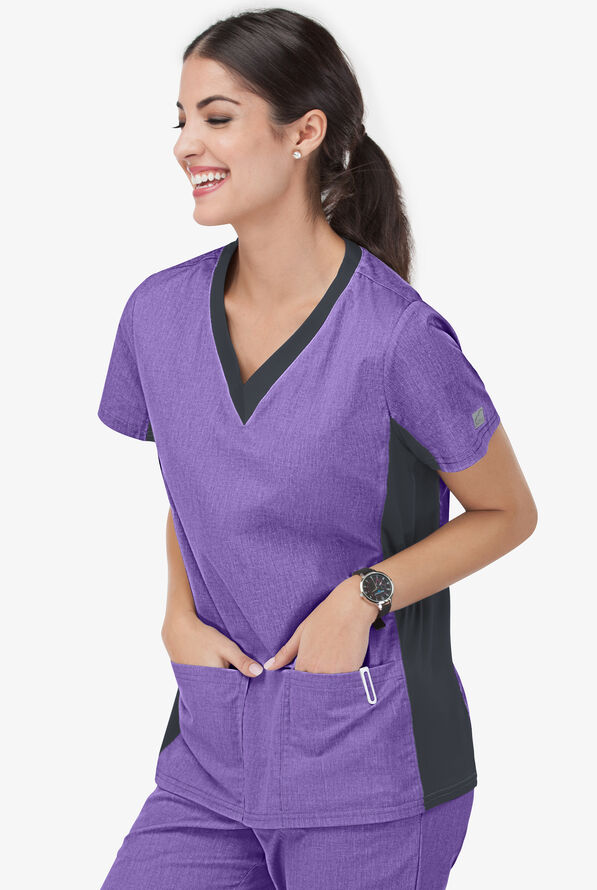 Butter-Soft STRETCH Women's 3-Pocket Contrast Scrub Top - Sparkling Grape Heather/Pewter - 2