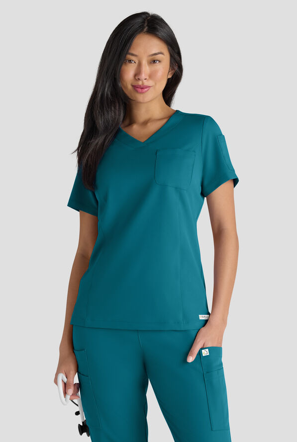 ReSurge Diamond Women's 3-Pocket V-Neck Tuck In / Wear Out Scrub Top - Caribbean Blue - 1