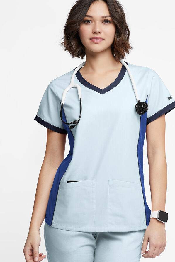 Blusa médica Butter-Soft Originals Tri-Colorblock con cuello en V y 4 bolsillos para mujer - Morning Dew/Galaxy/Navy - 2