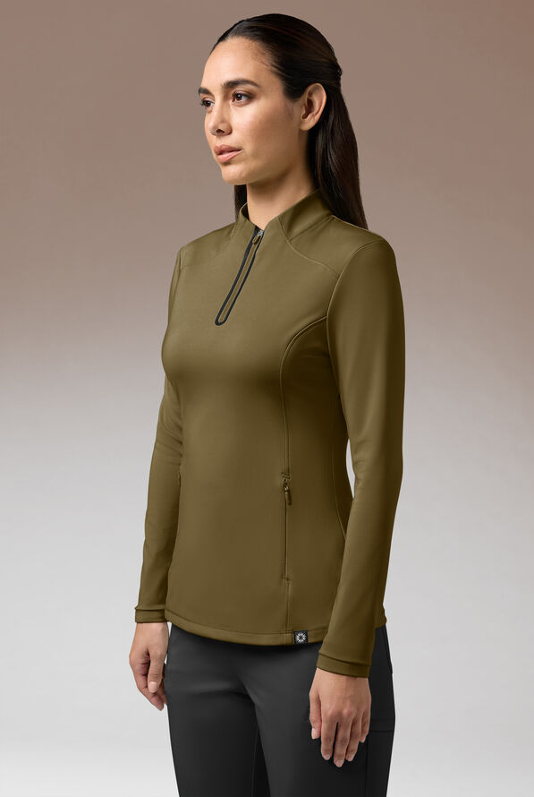 Hypothesis Omni Base K Women’s 3-Pocket Knit Long Sleeve Zip Neck Scrub Top - DARK MOSS/JET BLACK - 1