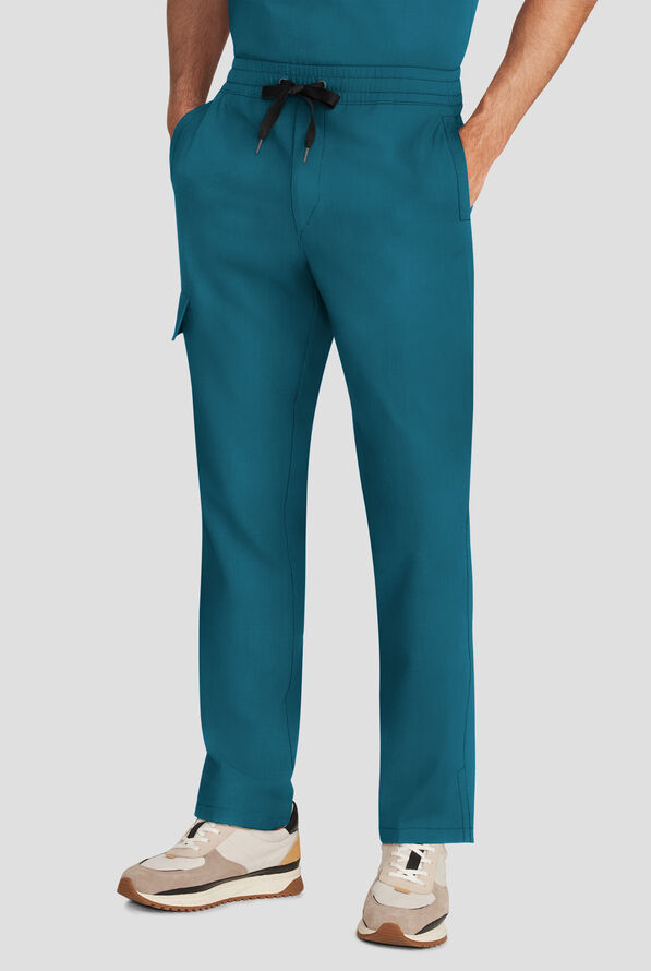 Healing Hands Quest Men's 4-Pocket STRETCH Straight Leg Drawstring Cargo Scrub Pant - Caribbean Blue - 1