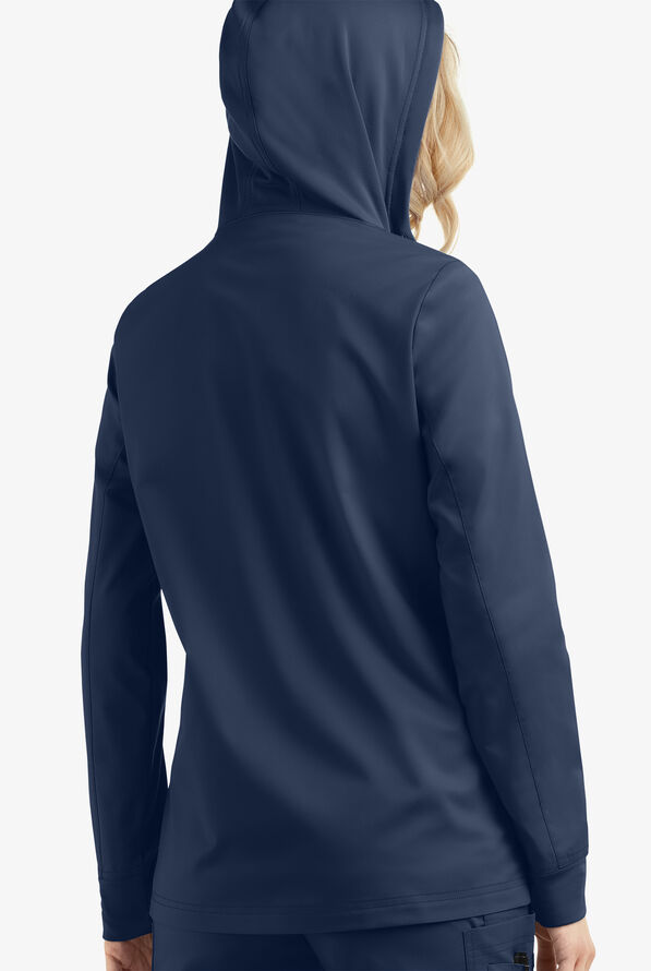 Butter-Soft STRETCH Women's 3-Pocket Zip-Front with Cozy Knit Hood and Trim Scrub Jacket - Navy - 4