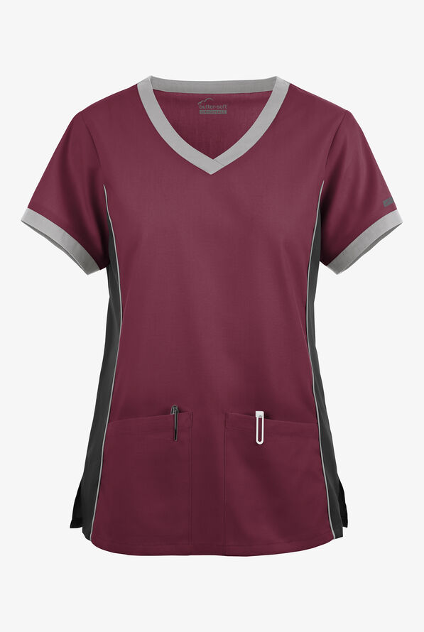Blusa médica Butter-Soft Originals Tri-Colorblock con cuello en V y 4 bolsillos para mujer - Wine/Black/Silver - 1