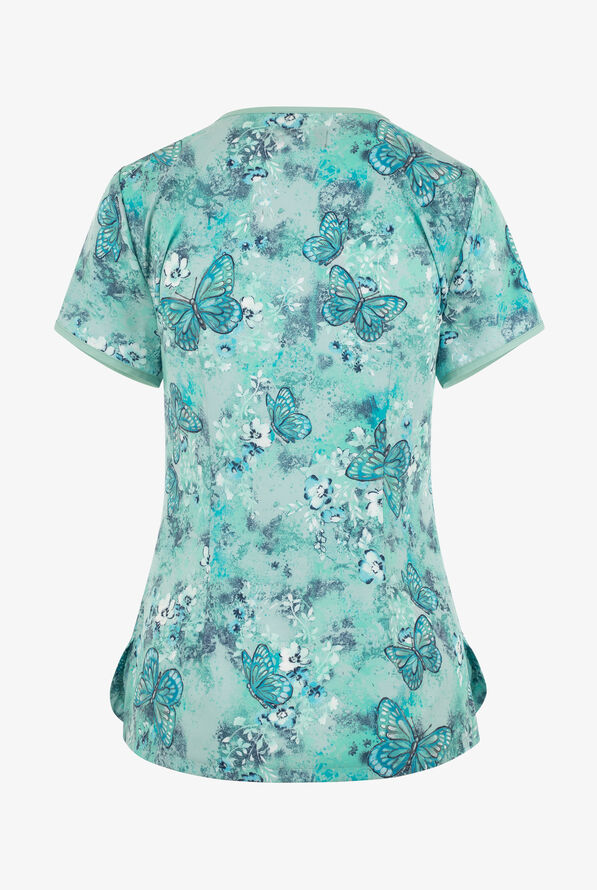Koi Lite Butterfly Wonderland Women's 2-Pocket  STRETCH Y-Neck Print Scrub Top - null - 2