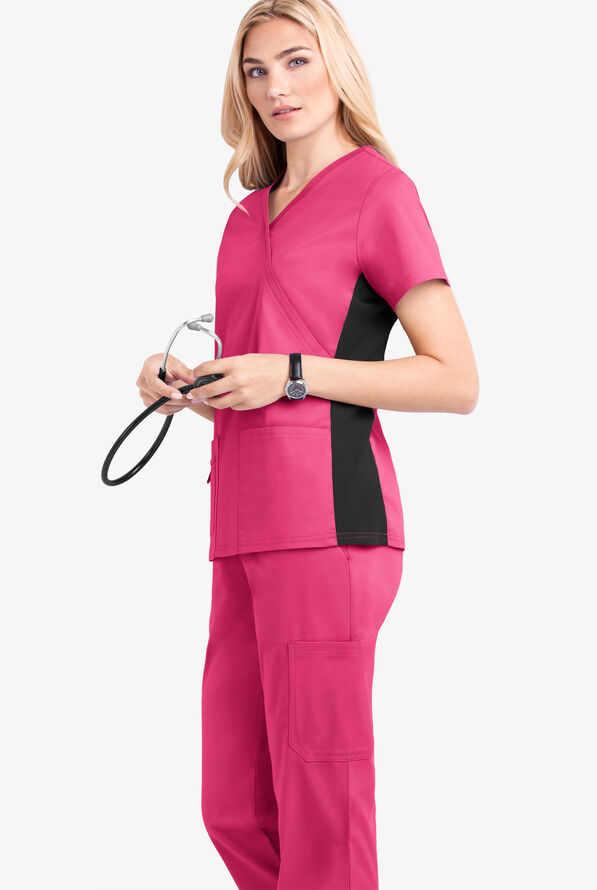 Blusa m&eacute;dica Butter-Soft STRETCH con paneles laterales de punto tejido y 3 bolsillos para mujer - Fuchsia/Black - 2