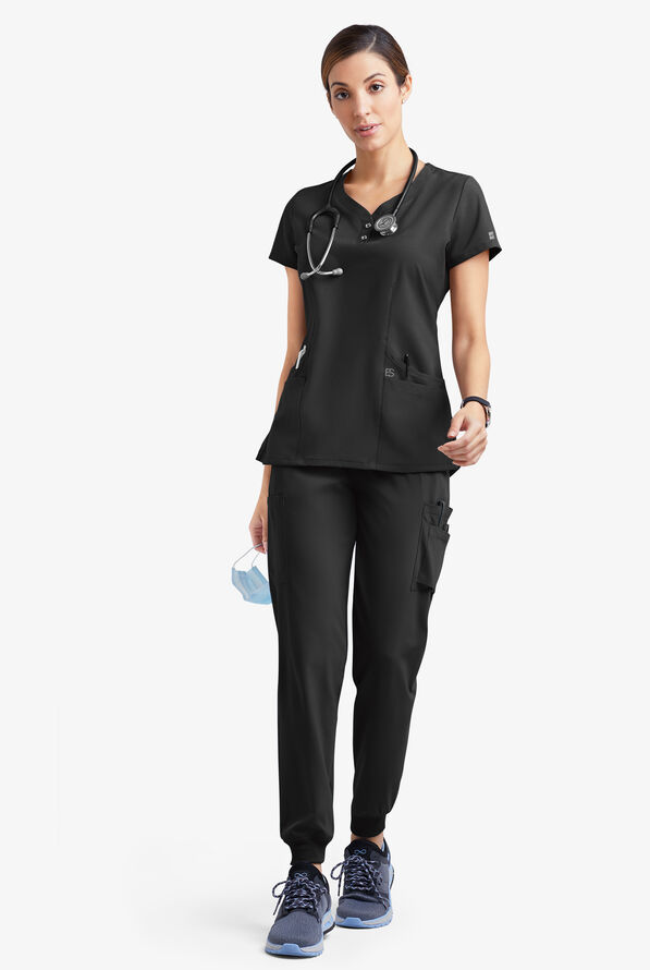 Easy STRETCH Demi Women's 4-Pocket Henley Scrub Top - Onyx Black - 2
