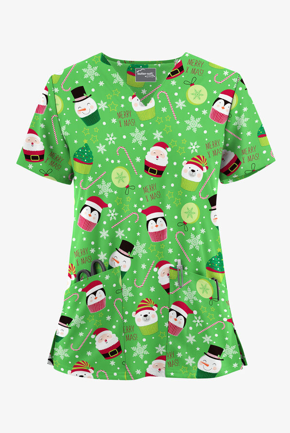 Blusa médica estampada Butter-Soft STRETCH Christmas Treats Ruby con cuello en V y 2 bolsillos para mujer - null - 1