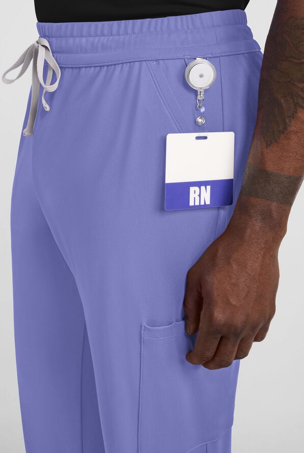 Cherokee Achieve Men's 5-Pocket STRETCH Straight Leg Cargo Knit Scrub Pants - Ceil Blue - 3