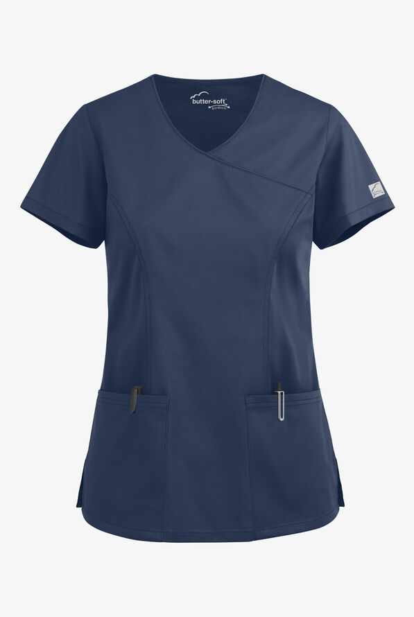 Butter-Soft STRETCH Women's 3-Pocket V-Neck Mock Wrap Scrub Top - Navy - 1