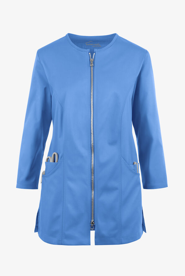 Butter-Soft STRETCH Women's 4-Pocket Jewel Neck Consultation Scrub Lab Coat - Ceil Blue - 1