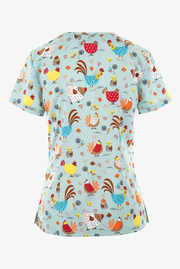 koi Basics Chicken With Glasses Women's 2-Pocket STRETCH V-Neck Print Scrub Top - null - 2