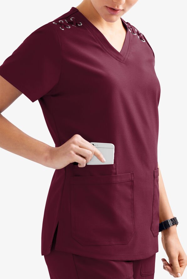 Blusa m&eacute;dica Easy STRETCH Leila con ojales con lazos y 3 bolsillos para mujer - Wine - 3