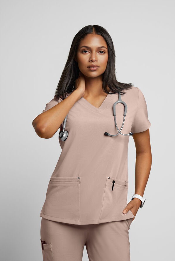Easy STRETCH Lina Mitered Women's 4-Pocket V-Neck Scrub Top - Mocha Meringue - 2