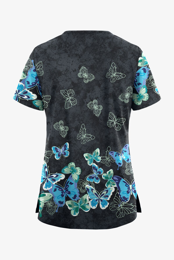 Butter-Soft STRETCH Butterfly Border Women's 3-Pocket Sport Trim V-Neck Print Scrub Top - null - 2